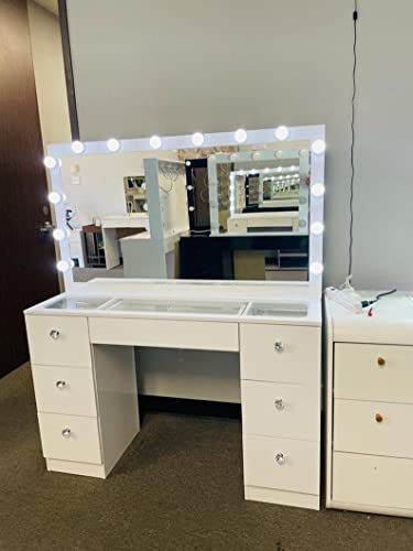 MSILVA 07 Drawers Glass top White Makeup Vanity with Mirror and Set of 14 led Lights Bulbs