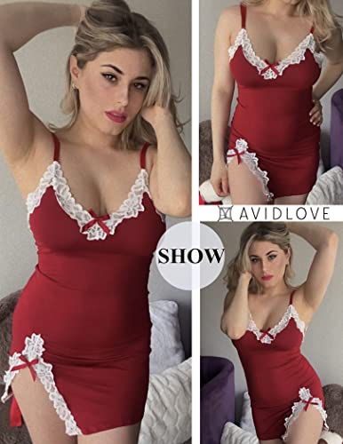 Avidlove Lingerie Women's Exotic Nightgowns Sexy Lace Lingerie for Women Shirt Dress for Women Sexy (Wine Red,S)