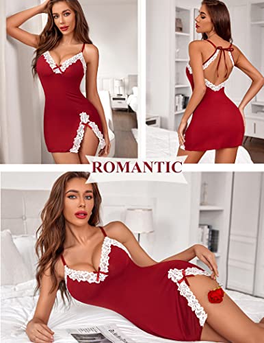 Avidlove Lingerie Women's Exotic Nightgowns Sexy Lace Lingerie for Women Shirt Dress for Women Sexy (Wine Red,S)