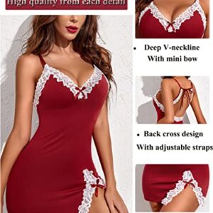 Avidlove Lingerie Women's Exotic Nightgowns Sexy Lace Lingerie for Women Shirt Dress for Women Sexy (Wine Red,S)