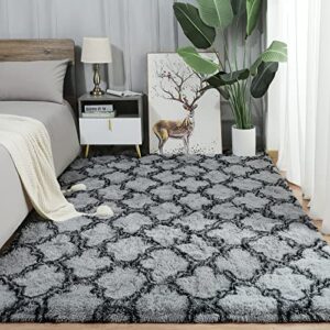 keeko fluffy rugs, 4x6ft fuzzy area rug for living room, modern geometric plush carpets for bedroom, soft kid's room shaggy rug, nursery room decor rug,grey and black
