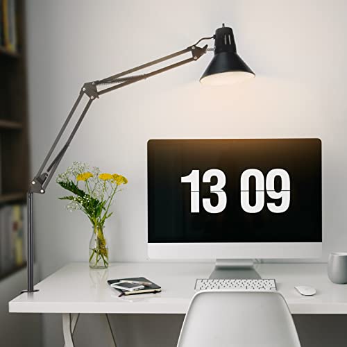 Hypool Desk Lamp for Home Office Eye-Caring Metal Extra Long Swing Arm Stable Clamp Flexible Gooseneck A19 E26 Bulb Included as Table Working Reading Aesthetic Computer Versatile Light