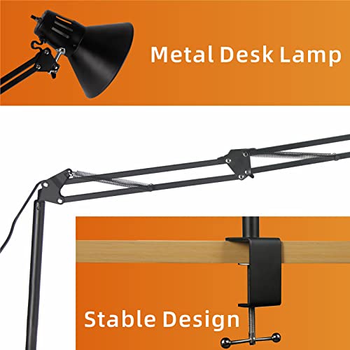 Hypool Desk Lamp for Home Office Eye-Caring Metal Extra Long Swing Arm Stable Clamp Flexible Gooseneck A19 E26 Bulb Included as Table Working Reading Aesthetic Computer Versatile Light