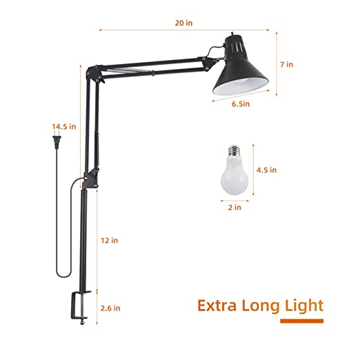 Hypool Desk Lamp for Home Office Eye-Caring Metal Extra Long Swing Arm Stable Clamp Flexible Gooseneck A19 E26 Bulb Included as Table Working Reading Aesthetic Computer Versatile Light
