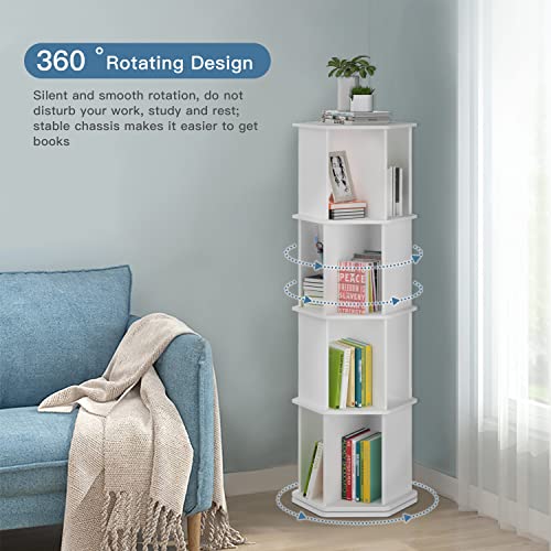 Rotating Bookshelf Tower 360 Display 4 Tier Floor Standing Spinning Bookshelf Revolving Bookcase White for Home Living Room Study Office