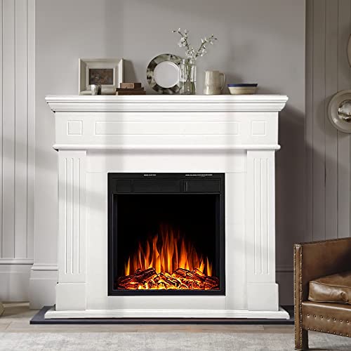 R.W.FLAME Electric Fireplace Pearl Mantel Wooden Surround Firebox, Pearl Freestanding Fireplace with Log & Remote Control,43" Fireplace TV Stand Home Space Heather, Adjustable Led Flame,750W/1500W