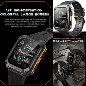 Military Smart Watches for Men IP68 Waterproof Bluetooth Call(Answer/Dial Calls) 1.83'' Tactical Outdoor Sports Fitness Watch Tracker with Blood Pressure Heart Rate Monitor for Android iOS (Black)