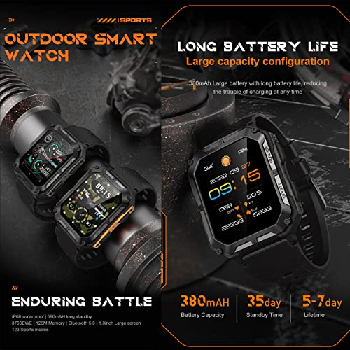 Military Smart Watches for Men IP68 Waterproof Bluetooth Call(Answer/Dial Calls) 1.83'' Tactical Outdoor Sports Fitness Watch Tracker with Blood Pressure Heart Rate Monitor for Android iOS (Black)