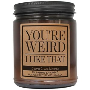 you're weird i like that - funny candle, kraft label scented soy candle, huckleberry, lemon, vanilla, 10 oz. glass jar candle, made in the usa, decorative candles, funny and sassy gifts, 7oz candle