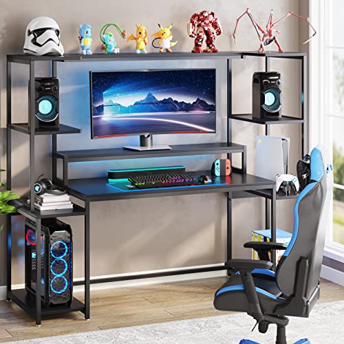 Tribesigns 70 -inch Rustic Computer Desk with Hutch and Shelf, Modern Large Gaming Desk with Monitor Stand, Gamer Table Workstation for Home Office,Carbon Fiber Desktop (Black)