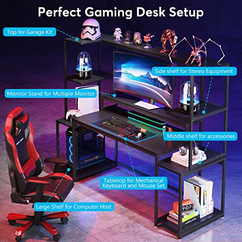 Tribesigns 70 -inch Rustic Computer Desk with Hutch and Shelf, Modern Large Gaming Desk with Monitor Stand, Gamer Table Workstation for Home Office,Carbon Fiber Desktop (Black)