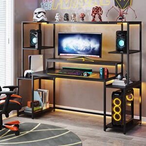 Tribesigns 70 -inch Rustic Computer Desk with Hutch and Shelf, Modern Large Gaming Desk with Monitor Stand, Gamer Table Workstation for Home Office,Carbon Fiber Desktop (Black)