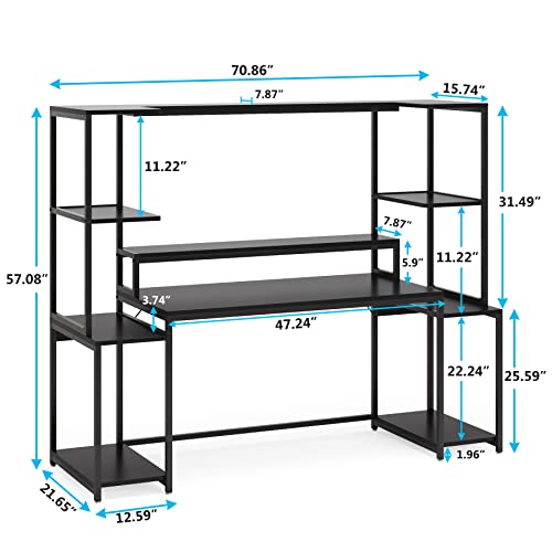 Tribesigns 70 -inch Rustic Computer Desk with Hutch and Shelf, Modern Large Gaming Desk with Monitor Stand, Gamer Table Workstation for Home Office,Carbon Fiber Desktop (Black)