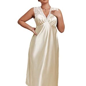 WDIRARA Women's Plus Size Sleepwear Lace Trim V Neck Satin Nightdress Sleeveless Nightgowns Champagne 4XL