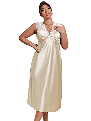 WDIRARA Women's Plus Size Sleepwear Lace Trim V Neck Satin Nightdress Sleeveless Nightgowns Champagne 4XL