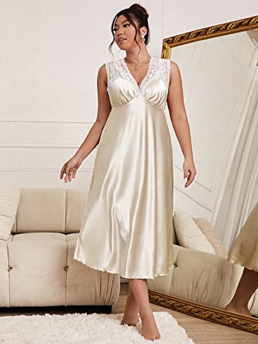 WDIRARA Women's Plus Size Sleepwear Lace Trim V Neck Satin Nightdress Sleeveless Nightgowns Champagne 4XL