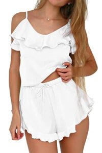 chyrii women's sexy silk satin ruffled pajamas sets cami shorts sets cute pjs lingerie slppewear set white l