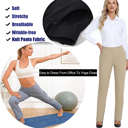 Oalka Women's Dress Pants Straight Leg Yoga Work Stretchy Pant for Office Business Khaki Brown Short L