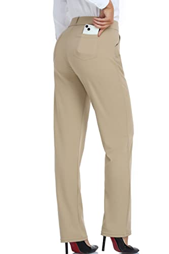 Oalka Women's Dress Pants Straight Leg Yoga Work Stretchy Pant for Office Business Khaki Brown Short L