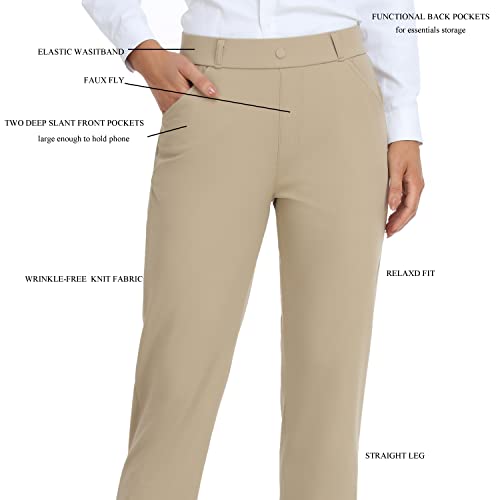 Oalka Women's Dress Pants Straight Leg Yoga Work Stretchy Pant for Office Business Khaki Brown Short L