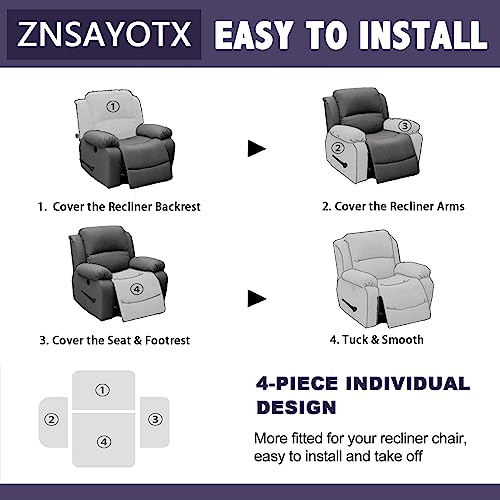 ZNSAYOTX Stretch Velvet Recliner Covers 4-Pieces, Thicker Soft Plush Recliner Chair Slipcover with Side Pockets, Washable Luxury Dog Cat Pets Proof Reclining Protector (Recliner, Dark Coffee)