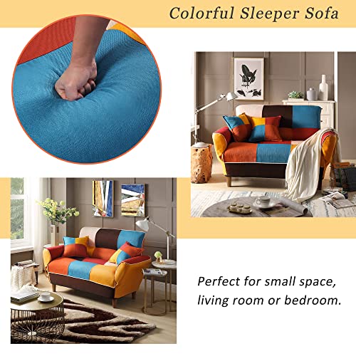 P PURLOVE Colorful Sleeper Sofa, Sofa with Adjustable Backrest and Adjustable Armrests, Small Couch with Solid Wood Legs and 2 Colored Pillows for Small Space, Apartment, Dorm