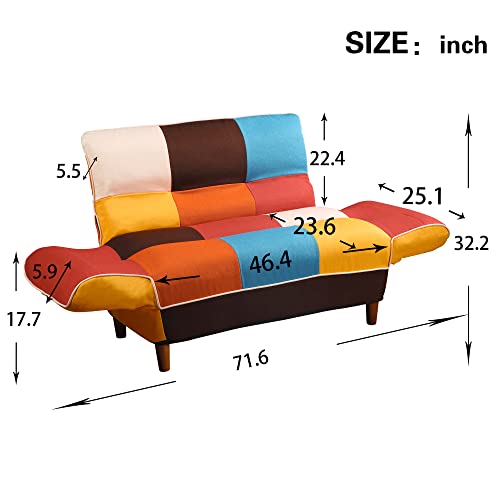 P PURLOVE Colorful Sleeper Sofa, Sofa with Adjustable Backrest and Adjustable Armrests, Small Couch with Solid Wood Legs and 2 Colored Pillows for Small Space, Apartment, Dorm