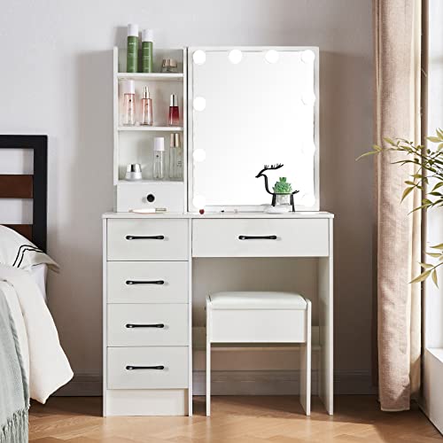 White Vanity with Sliding Mirror, 10PCS Hollywood Bulbs 3 Lighting Modes Vanity Desk with 6 Storage Drawers, Dressing Table Set with 6 Display Shelves for Girls.