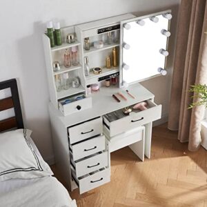 White Vanity with Sliding Mirror, 10PCS Hollywood Bulbs 3 Lighting Modes Vanity Desk with 6 Storage Drawers, Dressing Table Set with 6 Display Shelves for Girls.