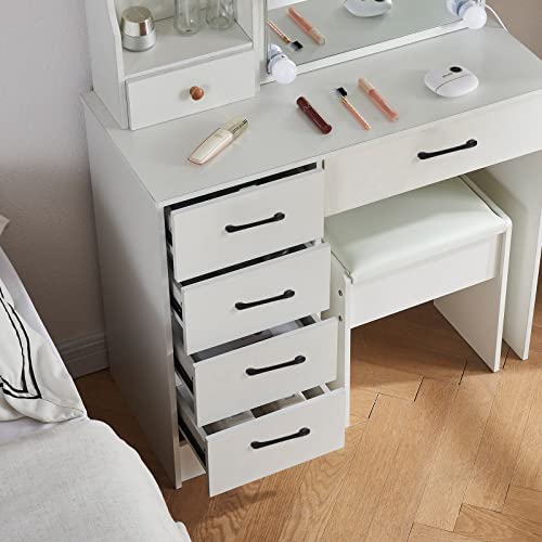 White Vanity with Sliding Mirror, 10PCS Hollywood Bulbs 3 Lighting Modes Vanity Desk with 6 Storage Drawers, Dressing Table Set with 6 Display Shelves for Girls.