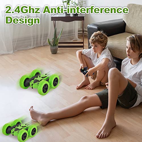 Remote Control Car Stunt RC Cars, 90 Min Playtime, 2.4Ghz Double Sided 360° Rotating RC Crawler with Headlights, 4WD Off Road Drift RC Race Car Toy for Boys and Girls Aged 6-12 Green