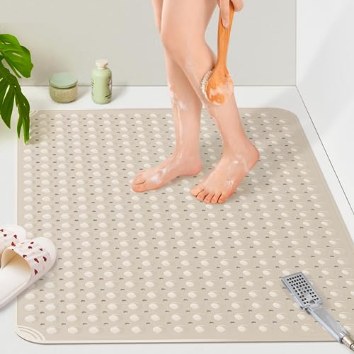 Yolife Extra Large TPE Shower Mat, 47.2" L x 31.5" W Anti Slip Bath Mat with Drain Holes and Suction Cups, Large Size Mat More Suitable for Shower Stall, No Odor, Heavy Mat