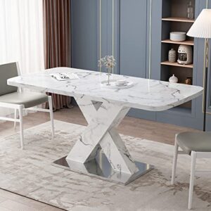 homsof, white modern dining stretchable function, marble top, mdf x-shape table leg and metal base, 62.99" square