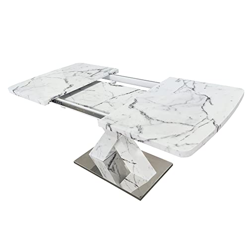 HomSof, White Modern Dining Stretchable Function, Marble Top, MDF X-Shape Table Leg and Metal Base, 62.99" Square