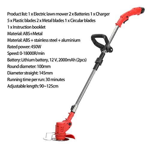 Cordless Lawn Trimmer,Electric Hedge Trimmer,Weed Trimmer,12V 2000mAh 2 Batteries Weed Lawn Eater Edger,Telescopic Rod Anti-Slip Handle Grass Trimmer for Lawn Cutting, Lawn Care,Garden (Red)