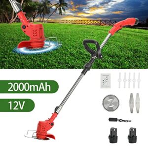 Cordless Lawn Trimmer,Electric Hedge Trimmer,Weed Trimmer,12V 2000mAh 2 Batteries Weed Lawn Eater Edger,Telescopic Rod Anti-Slip Handle Grass Trimmer for Lawn Cutting, Lawn Care,Garden (Red)