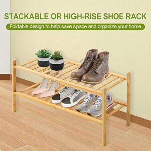 WANGMUXIA 2-Tier Bamboo Shoe Rack，Free Standing Shoe Racks Stackable Shoe Rack，Entryway，Hallway, Bathroom and Living Room，Multifunctional Bamboo Rack in Different Combinations (2-Tier)