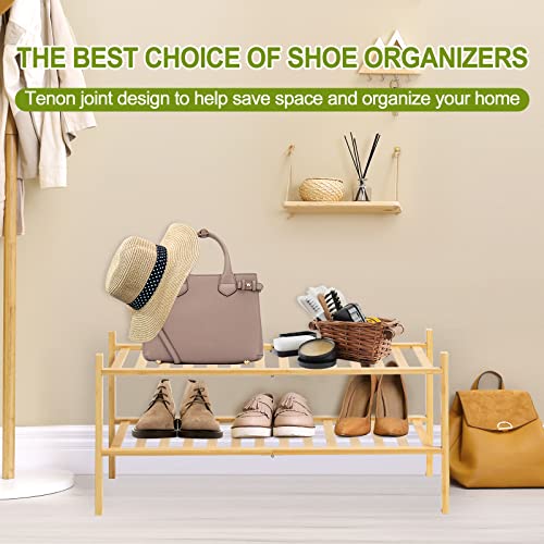 WANGMUXIA 2-Tier Bamboo Shoe Rack，Free Standing Shoe Racks Stackable Shoe Rack，Entryway，Hallway, Bathroom and Living Room，Multifunctional Bamboo Rack in Different Combinations (2-Tier)