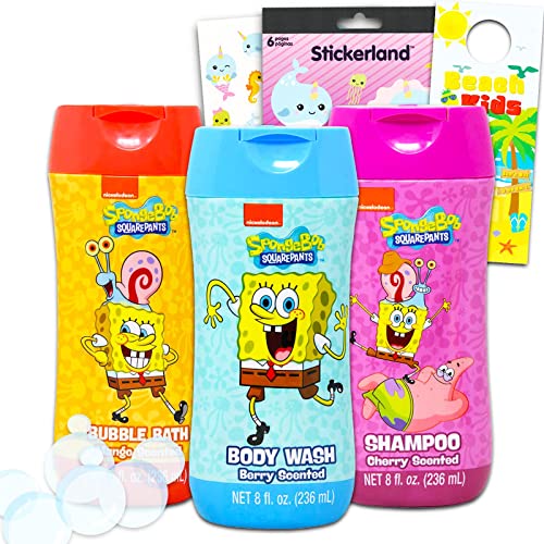 Spongebob Squarepants Bathroom Set for Kids - 5 Pc Bundle with Spongebob Body Wash, Shampoo, Bubble Bath, Plus Stickers, More | Spongebob Bath Supplies