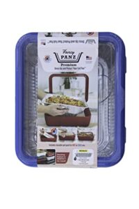 fancy panz premium dress up & protect your foil pan, made in usa. hot/cold gel pack, one half sized foil pan & serving spoon included. stackable for easy travel. (denim blue)