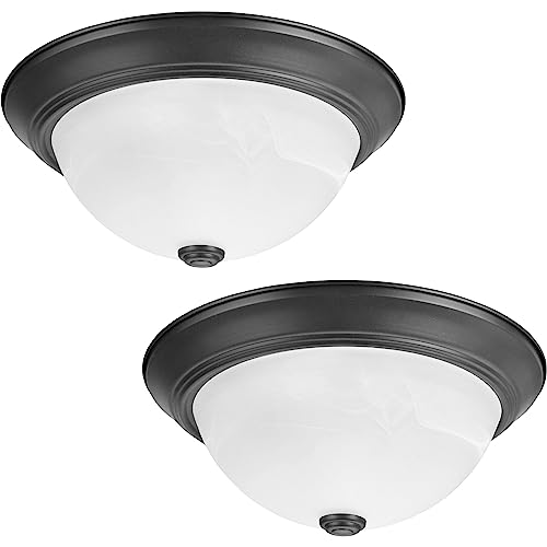 Aspen Creative 63014-22, 2-Light Flush Mount in Dark Bronze Finish w/White Alabaster Glass, 13" Dia, E26 Socket, Set of 2