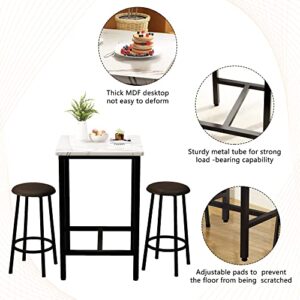 Lamerge Bar Table Set, Square Bar Table Set with Stool, Faux Marble Dining Table Set of 2, Pub Table and Chairs Set for Dining Room, 23.5inch Kitchen Table, White