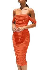 prettygarden women's summer off the shoulder ruched bodycon dresses sleeveless fitted party club midi dress (orange,small)