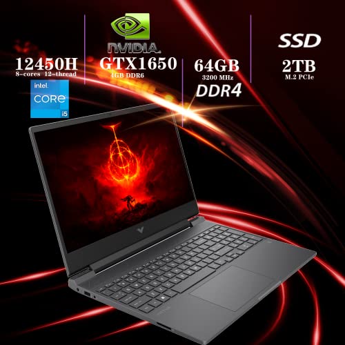 HP 2022 Victus 15.6" FHD 144Hz Gaming Laptop, Intel 12th Core i5-12450H, 64GB RAM, 2TB PCIe SSD, NVIDIA GeForce GTX 1650 Graphics, Backlit Keyboard, Win 11 Pro, Mica Silver, 32GB Snowbell USB Card