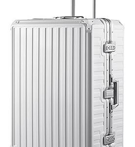 LUGGEX Hard Shell Checked Luggage with Aluminum Frame - 100% Polycarbonate No Zipper Suitcase with Spinner Wheels - 4 Metal Corner Hassle-Free Travel (White Suitcase)