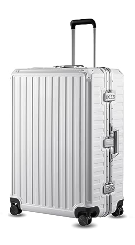 LUGGEX Hard Shell Checked Luggage with Aluminum Frame - 100% Polycarbonate No Zipper Suitcase with Spinner Wheels - 4 Metal Corner Hassle-Free Travel (White Suitcase)