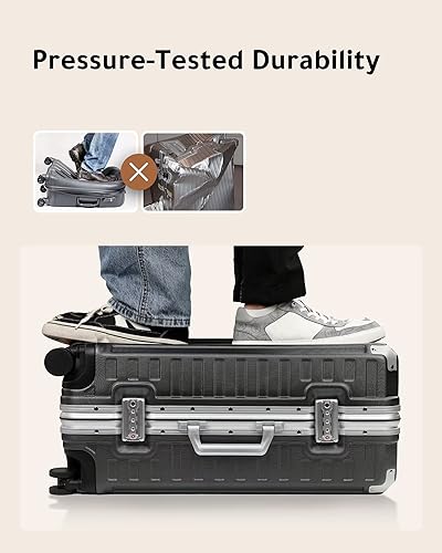 LUGGEX Hard Shell Checked Luggage with Aluminum Frame - 100% Polycarbonate No Zipper Suitcase with Spinner Wheels - 4 Metal Corner Hassle-Free Travel (White Suitcase)