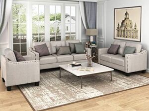 fanye 3 pieces living room furniture sets include, loveseat and armchair, linen fabric upholstered sectional classical rivets decor and tufted back cushions, beige sofa & couch