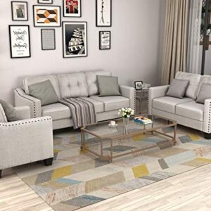 FANYE 3 Pieces Living Room Furniture Sets Include, Loveseat and Armchair, Linen Fabric Upholstered Sectional Classical Rivets Decor and Tufted Back Cushions, Beige Sofa & Couch