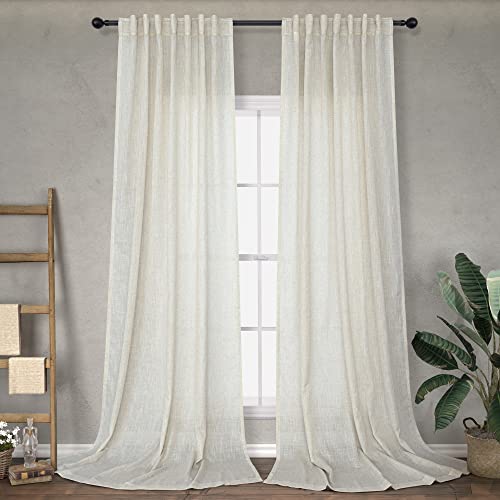 Cream Back Tab Linen Curtains 84 Inch Length for Living Room 2 Panels Rod Pocket Natural Boho Drapes Light Filtering Semi Sheer Rustic Country Neutral Farmhouse Curtain for Bedroom Ivory Colored 52x84